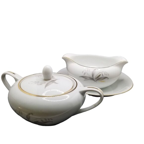 Kaysons Fine China Golden Rhapsody 1961 Vintage Gravy Boat w Plate & Sugar Dish - Picture 1 of 12